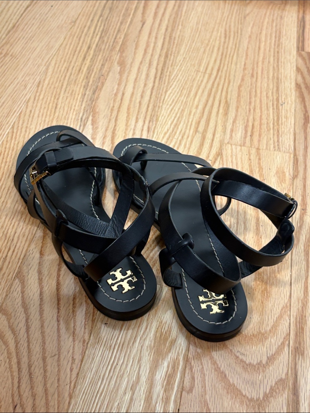 Tory Burch Black Leather Strappy Ankle Wrap Sandals - Picture 3 of 5